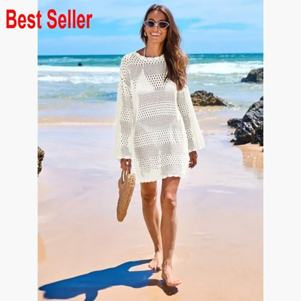 Crochet Mesh Knit Beach Cover Up Dress Long Sleeve